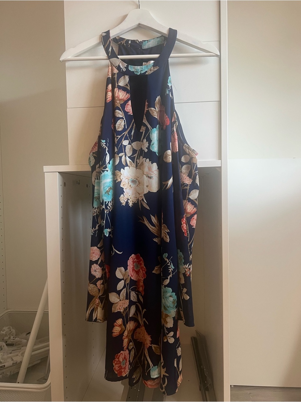 Charles Henry Navy Floral Halter Midi Dress with Teal and Coral Blooms